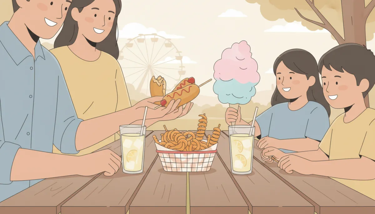 Family sharing corn dogs, fries, and lemonade at the Washington County Fair Family sharing corn dogs, fries, and lemonade at the Washington County Fair