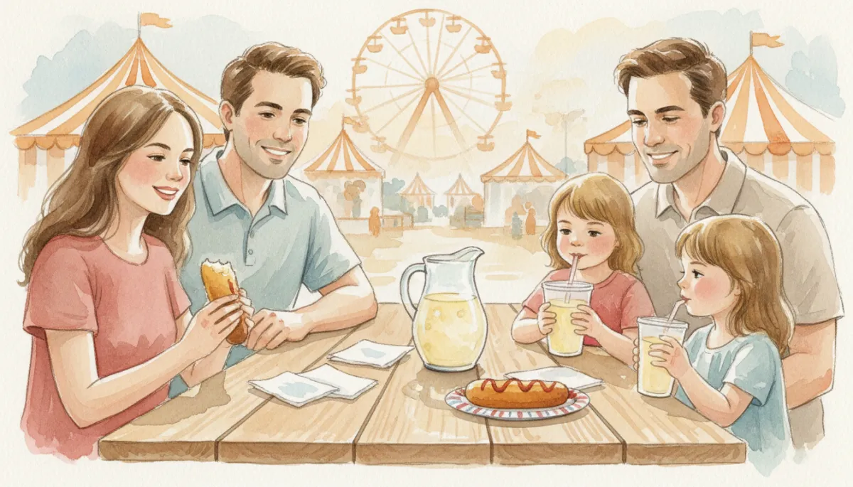 Family enjoying food together at a shaded picnic area during the fair Family enjoying food together at a shaded picnic area during the fair