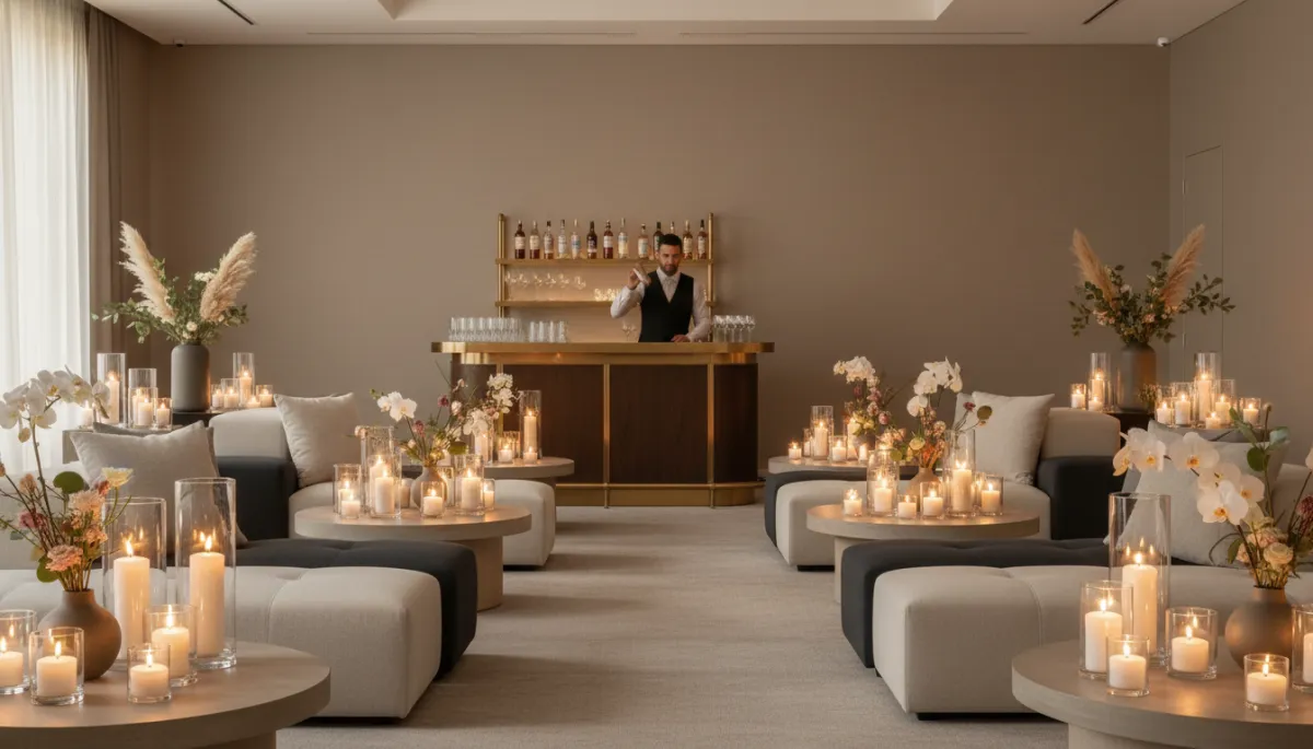 Professional neutral lounge setup for a private evening event Professional neutral lounge setup for a private evening event