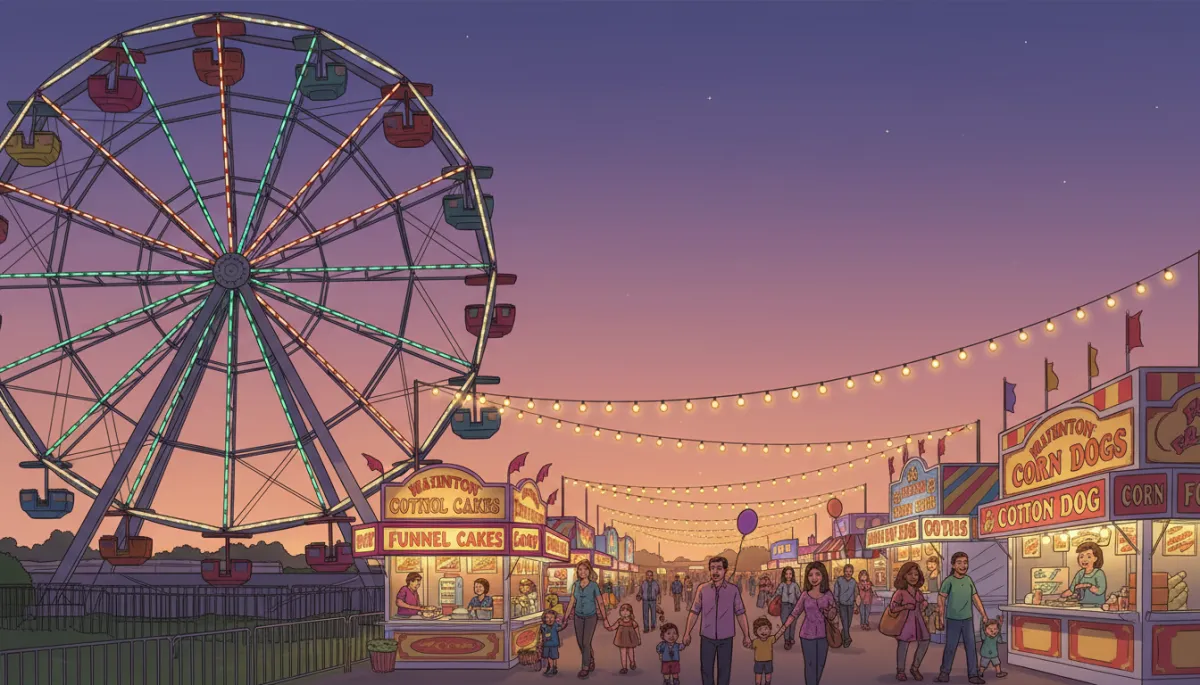 A vibrant, professional wide-angle photo of the Washington County Fair at dusk, featuring a Ferris wheel, colorful food booths, families enjoying the midway, and a clear summer sky. The image should feel inviting, energetic, and visually compelling as a feature image for a fair guide. A vibrant, professional wide-angle photo of the Washington County Fair at dusk, featuring a Ferris wheel, colorful food booths, families enjoying the midway, and a clear summer sky. The image should feel inviting, energetic, and visually compelling as a feature image for a fair guide.