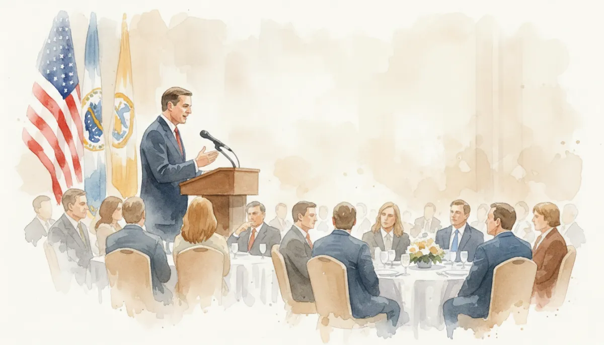 Republican candidate delivering a keynote address to dinner guests Republican candidate delivering a keynote address to dinner guests