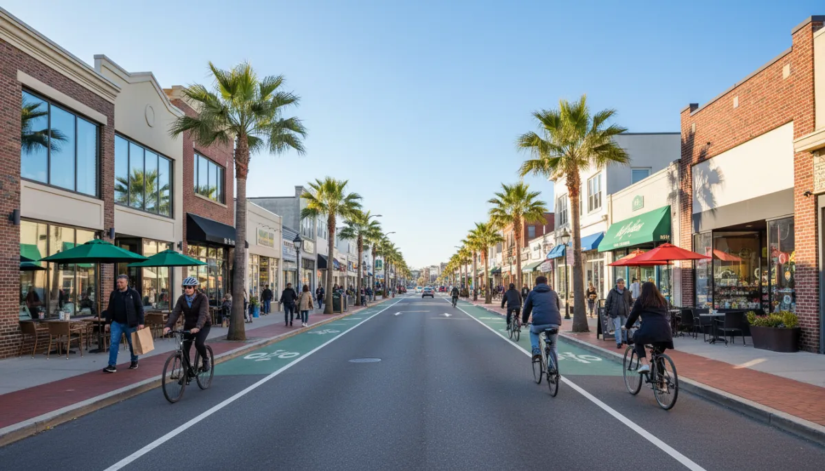 Shops, cafes, and cyclists along a commercial street in Long Beach NY