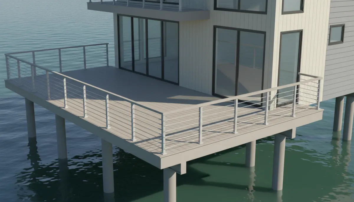 professional close-up view of a neutral-toned Long Beach NY waterfront home exterior showing elevated foundation, sturdy pilings, composite deck and railings, with calm canal water in background professional close-up view of a neutral-toned Long Beach NY waterfront home exterior showing elevated foundation, sturdy pilings, composite deck and railings, with calm canal water in background