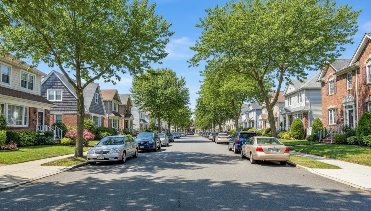 A highly realistic, street-level photograph taken in Long Beach, NY on a bright summer day, showcasing a quiet residential neighborhood. The image features a mix of well-maintained single-family homes and townhouses, with manicured lawns and lush green trees lining the sidewalks. Cars are parked neatly along the curb, and the sky is clear and vividly blue, casting natural sunlight across the scene. The atmosphere feels calm and inviting, subtly suggesting current market conditions. No filters, no stylization—pure photorealism suitable for a professional real estate market analysis blog. A highly realistic, street-level photograph taken in Long Beach, NY on a bright summer day, showcasing a quiet residential neighborhood. The image features a mix of well-maintained single-family homes and townhouses, with manicured lawns and lush green trees lining the sidewalks. Cars are parked neatly along the curb, and the sky is clear and vividly blue, casting natural sunlight across the scene. The atmosphere feels calm and inviting, subtly suggesting current market conditions. No filters, no stylization—pure photorealism suitable for a professional real estate market analysis blog.