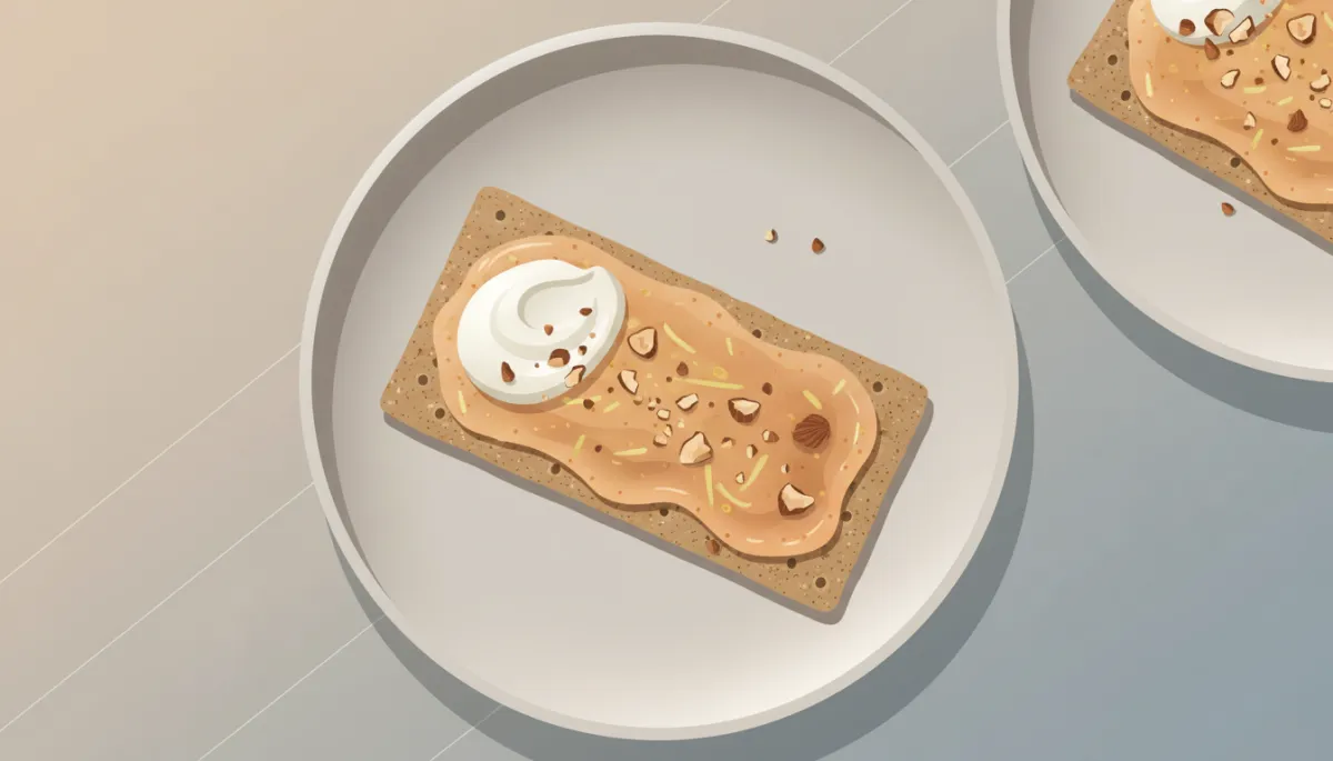 Knäckebröd belegd met suikervrije appel-gemberjam en yoghurt Knäckebröd belegd met suikervrije appel-gemberjam en yoghurt