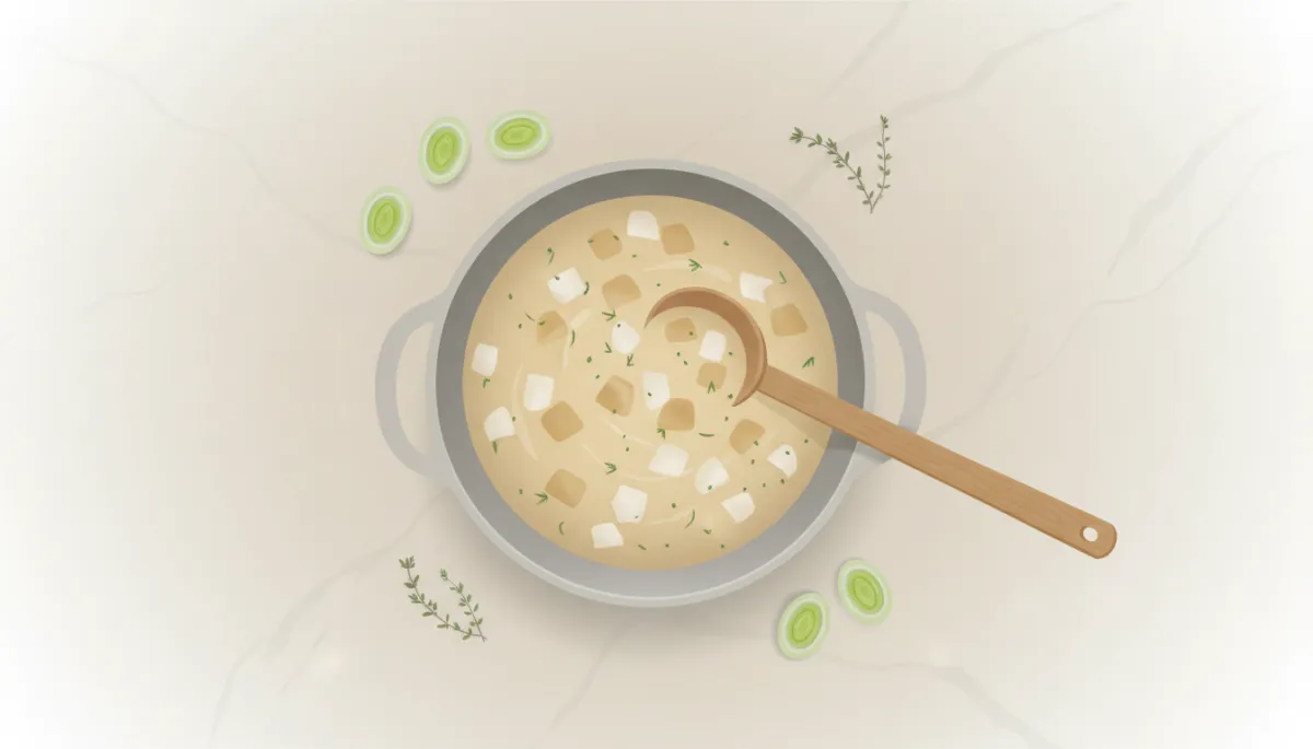Grote pan Hollandse aardappelsoep met prei en tijm op het aanrecht Grote pan Hollandse aardappelsoep met prei en tijm op het aanrecht