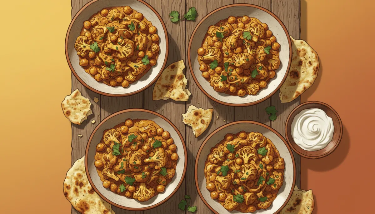 Een overheadfoto van vier borden gevuld met kruidige bloemkool en kikkererwten in een romige saus, gegarneerd met verse koriander. Op tafel staan ook naanbrood en een kommetje plantaardige yoghurt, alles in warme kleuren en huiselijke setting.