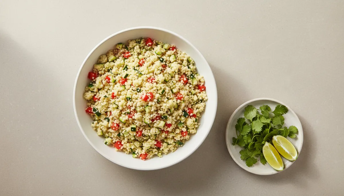 Schaal bloemkoolcouscous met paprika, courgette en verse koriander op tafel Schaal bloemkoolcouscous met paprika, courgette en verse koriander op tafel