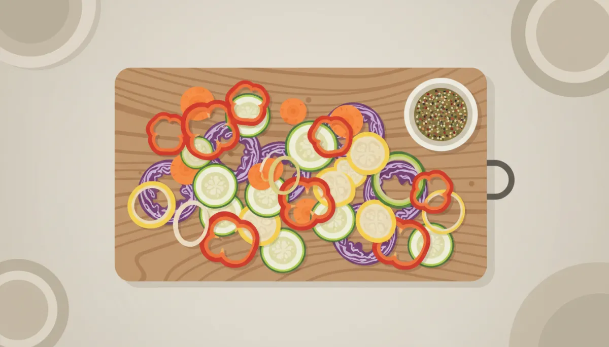 Kleurrijke gesneden groenten en een schaaltje za’atar kruidenmix op een plank Kleurrijke gesneden groenten en een schaaltje za’atar kruidenmix op een plank
