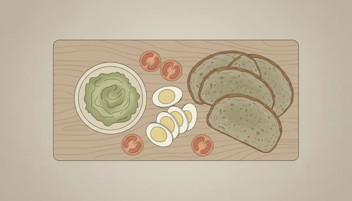 Ingrediënten voor geroosterd roggebrood met avocado, ei en cherrytomaatjes netjes geschikt op een plank Ingrediënten voor geroosterd roggebrood met avocado, ei en cherrytomaatjes netjes geschikt op een plank