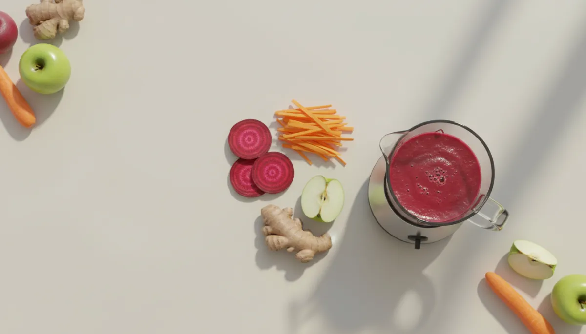 Ingrediënten voor een detox smoothie naast een gevulde blenderkan Ingrediënten voor een detox smoothie naast een gevulde blenderkan