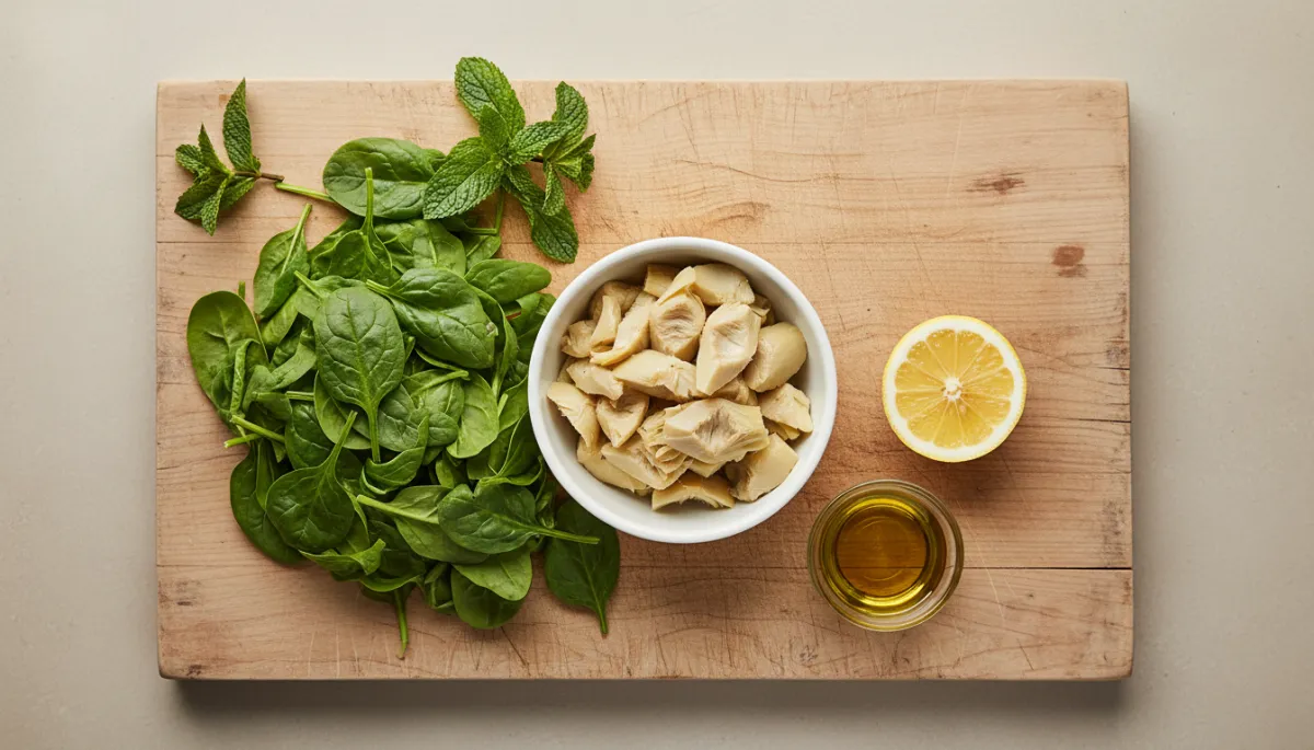 Ingrediënten voor een lichte artisjok-, spinazie- en muntspread Ingrediënten voor een lichte artisjok-, spinazie- en muntspread