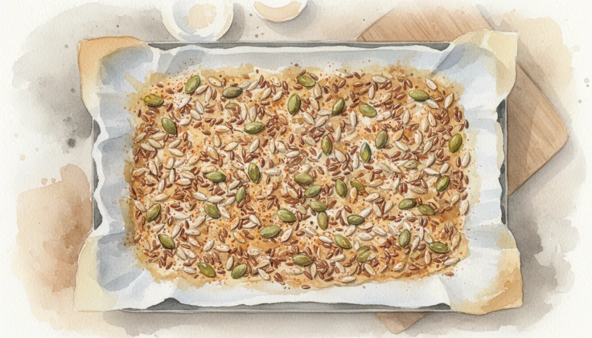 Bakplaat met dun uitgesmeerd zadenmengsel voor knapperige crackers Bakplaat met dun uitgesmeerd zadenmengsel voor knapperige crackers