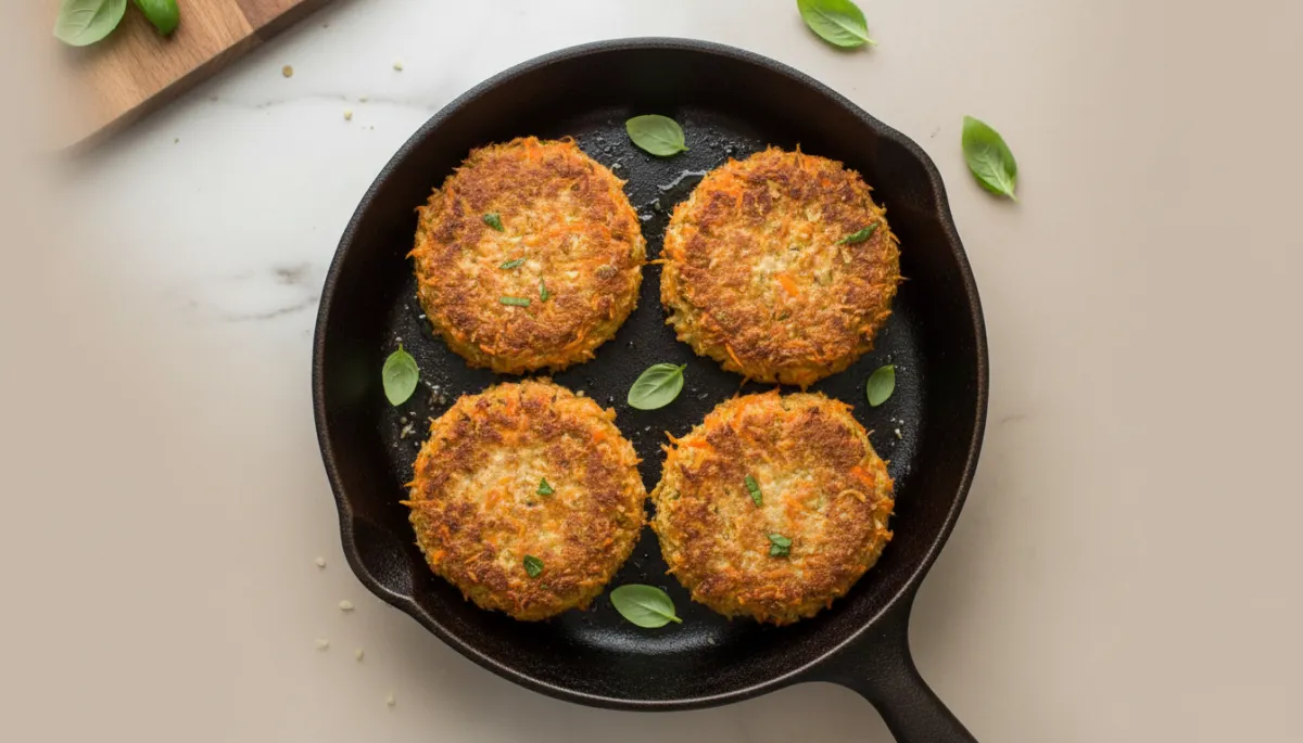Knapperig in ghee gebakken wortelburgers met amandelen en zonnebloempitten in een koekenpan