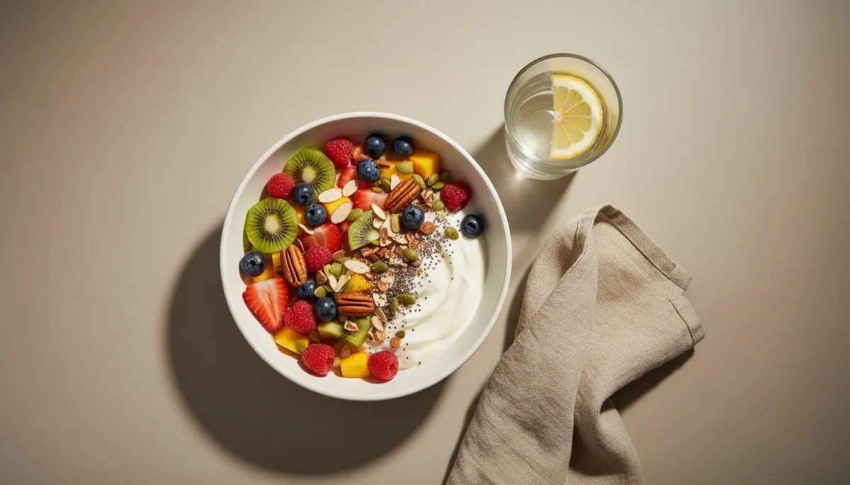 Kom yoghurt met vers fruit, geroosterde noten en zaden op een neutraal gestylde tafel Kom yoghurt met vers fruit, geroosterde noten en zaden op een neutraal gestylde tafel