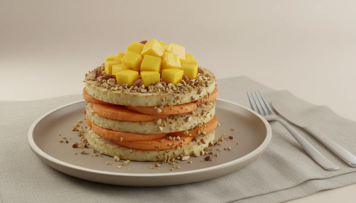 Ontbijt in ringvorm met laagjes knolselderij, wortel, mango en geroosterde noten