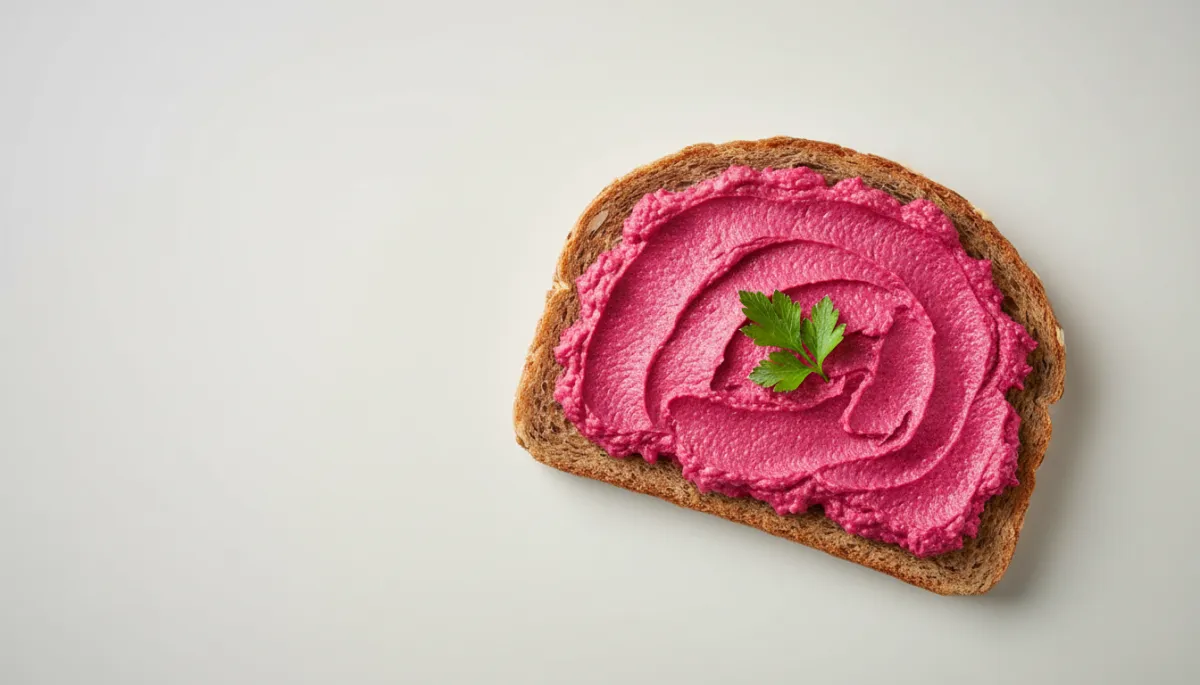 Felroze bietenspread van geitenkaas en peterselie op volkorenbrood Felroze bietenspread van geitenkaas en peterselie op volkorenbrood