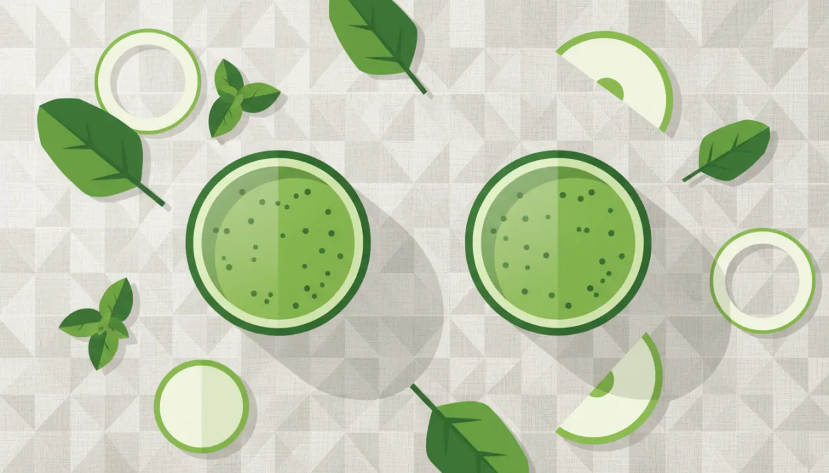Twee glazen groene smoothie omringd door verse ingrediënten Twee glazen groene smoothie omringd door verse ingrediënten