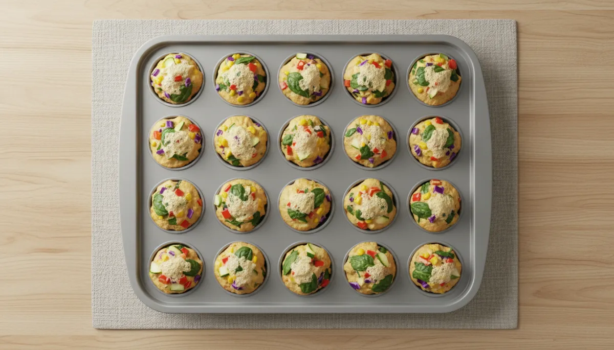 Mini-muffinvormpjes gevuld met groentemix en ei klaar om de oven in te gaan
