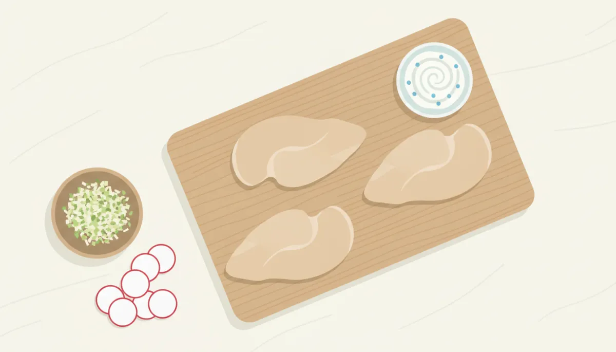 Voorbereide ingrediënten: kipfilet, geraspte appel, radijs en yoghurtdressing op een snijplank