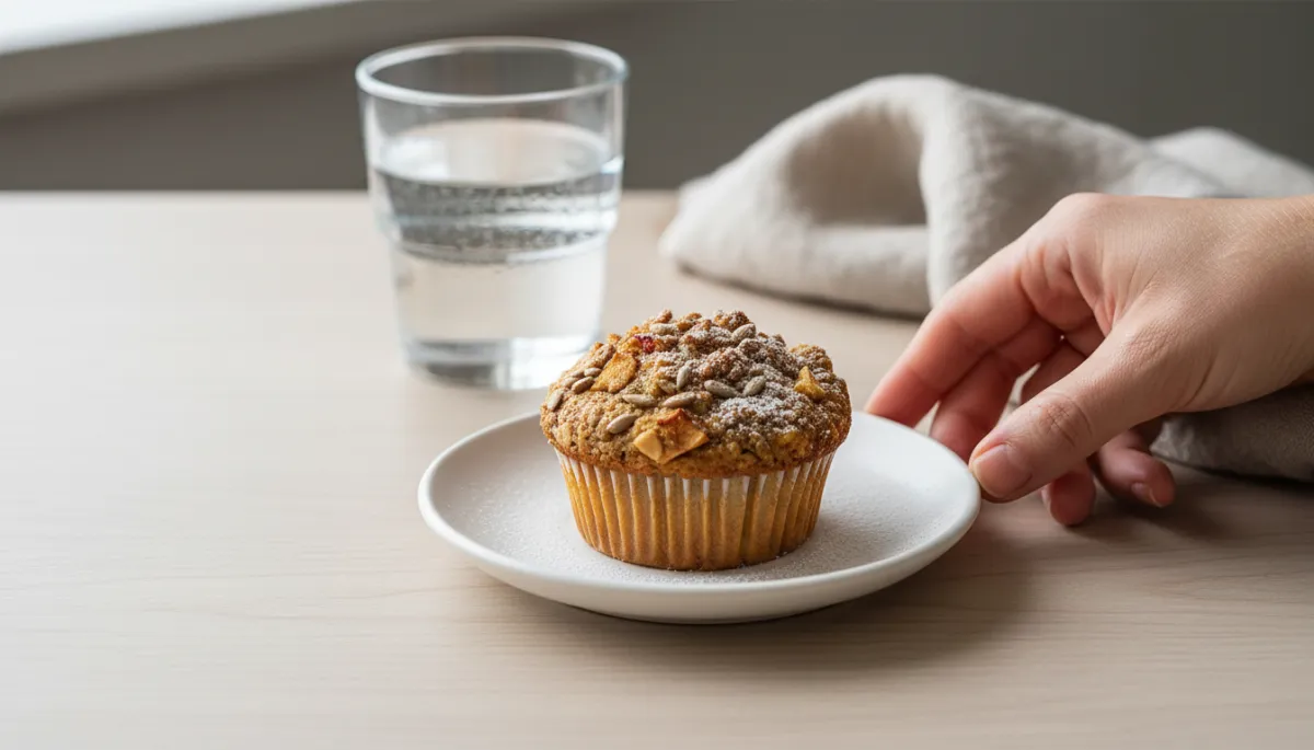 Serveerklare gezonde cupcake van amandelen en zonnebloempitten met appel en kaneel op een bordje