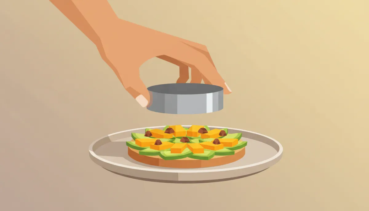Close-up van de opmaak van een kleurrijk ontbijttaartje met avocado, mango en noten