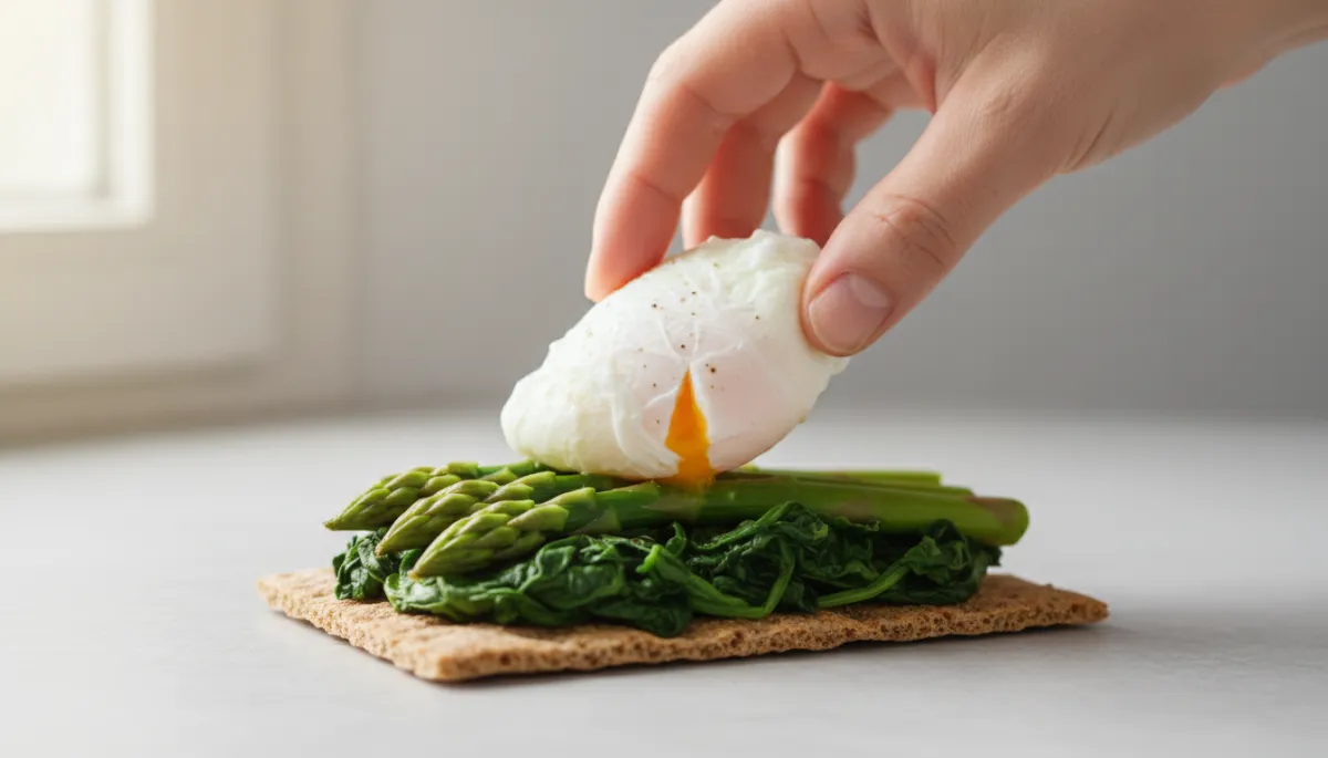 Gepocheerd ei op spinazie en asperges op knäckebröd