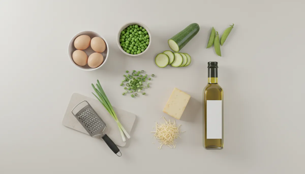 Professioneel gestylede ingrediënten voor een omelet met erwten, courgette en lente-ui Professioneel gestylede ingrediënten voor een omelet met erwten, courgette en lente-ui