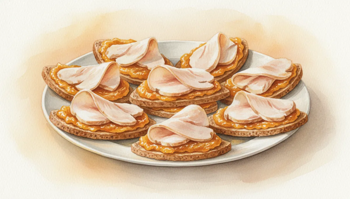 Opgemaakt bord met knäckebröd, pompoen-mango marmelade en kipfilet