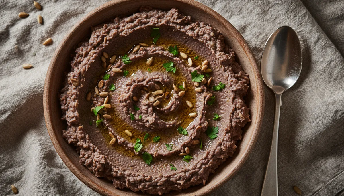 Kom met rokerige auberginespread, gegarneerd met zonnebloempitten en peterselie