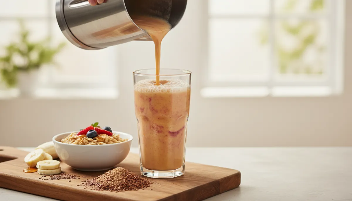 Serveren van een romige tropische smoothie met havermout en lijnzaad