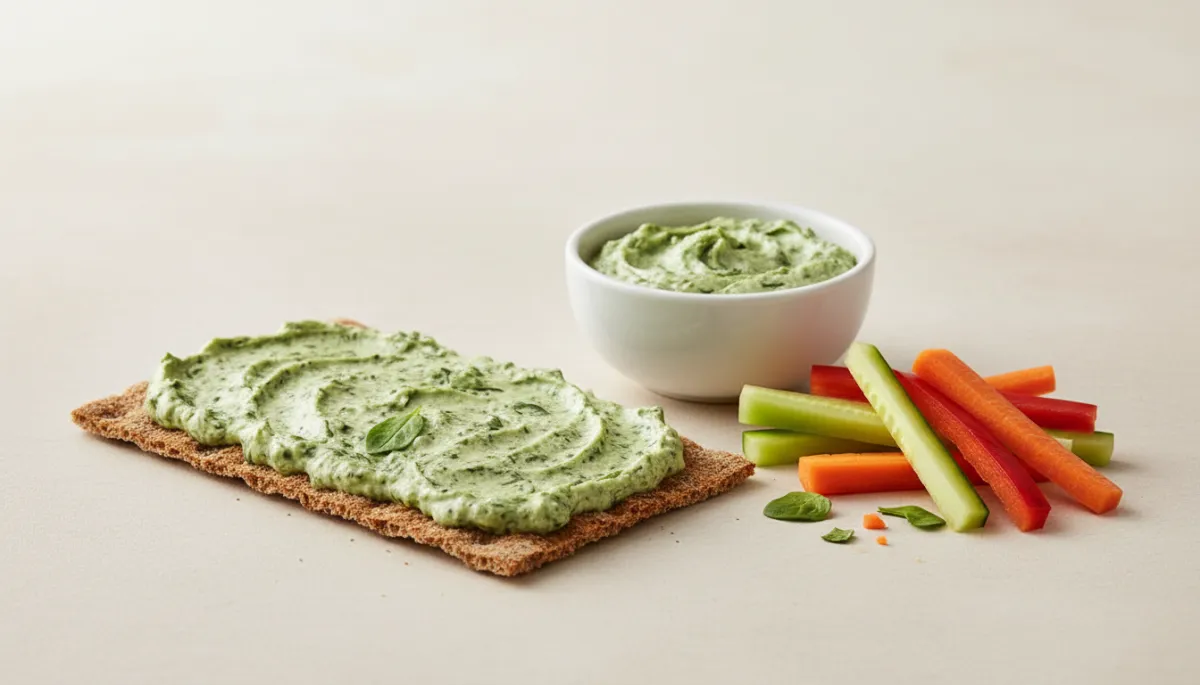 Knäckebröd met warme spinaziespread en groenten als gezonde snack
