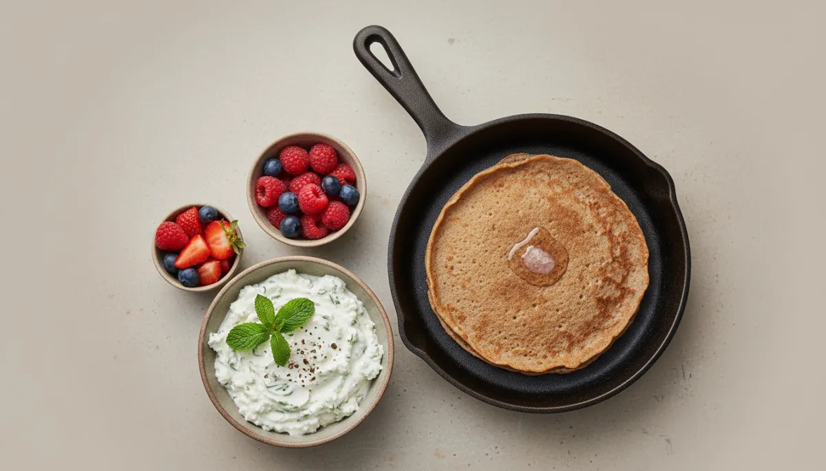 Dunne roggemeelpannenkoek in een pan met kokosolie en verschillende toppings ernaast