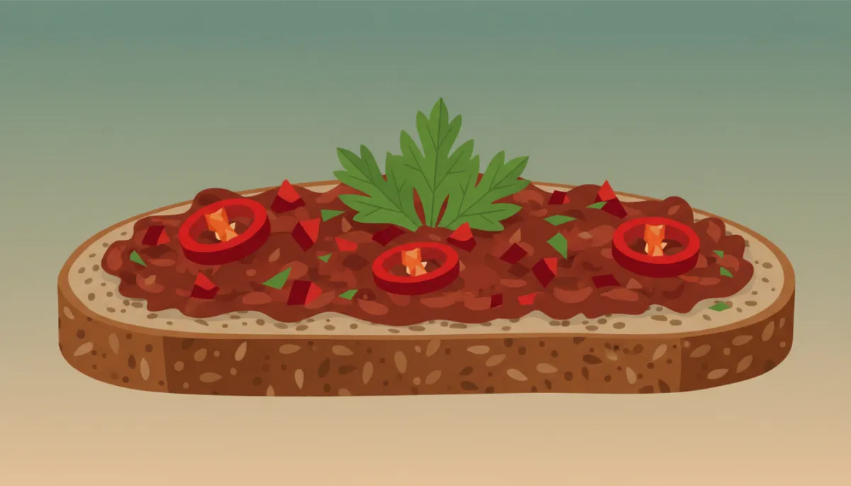 Volkorenbrood met rokerige aubergine-paprikaspread, rode peper en kruiden Volkorenbrood met rokerige aubergine-paprikaspread, rode peper en kruiden