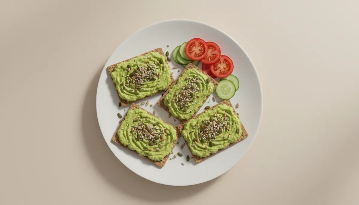 Serveeridee van avocadospread met tomaat, komkommer en geroosterde zaden op volkoren knäckebröd