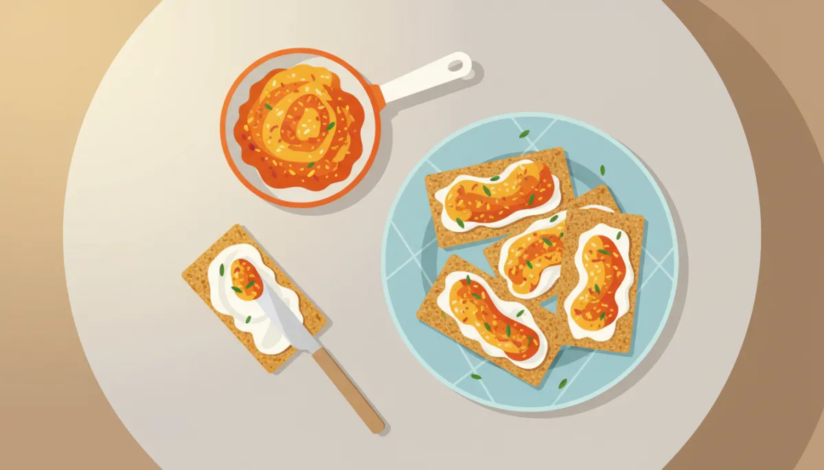 Bereiding van wortel-mango-marmelade en beleggen van knäckebröd met geitenkaas Bereiding van wortel-mango-marmelade en beleggen van knäckebröd met geitenkaas