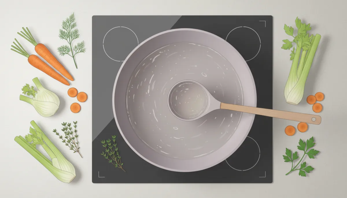 Pan met zelfgemaakte groentebouillon en verse groenten eromheen Pan met zelfgemaakte groentebouillon en verse groenten eromheen