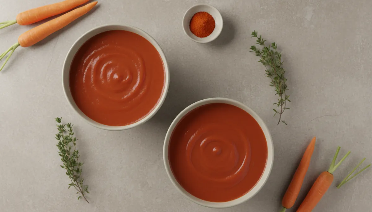Twee kommen rijke tomatensoep met wortel, tijm en paprikapoeder op een neutrale ondergrond Twee kommen rijke tomatensoep met wortel, tijm en paprikapoeder op een neutrale ondergrond