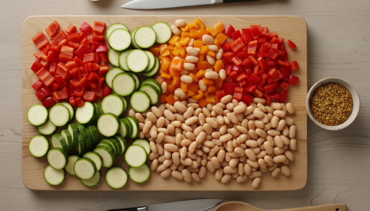 Ingrediënten voor romige courgettesoep overzichtelijk uitgestald in een professionele setting