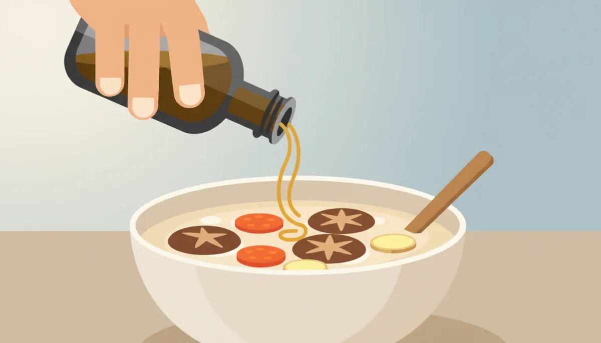 Sesamolie wordt subtiel over een kom lichte Japanse umami-soep gedruppeld