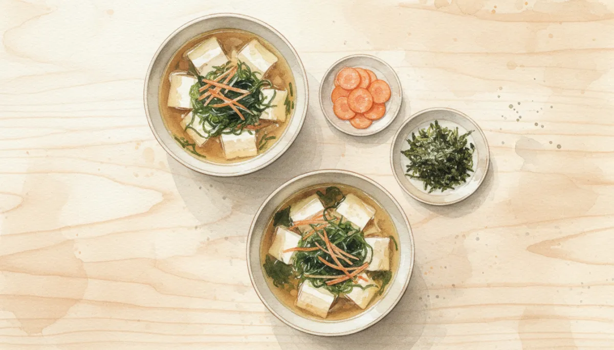 Twee kommen Japanse bouillonsoep met tofu, zeewier en wortel op tafel