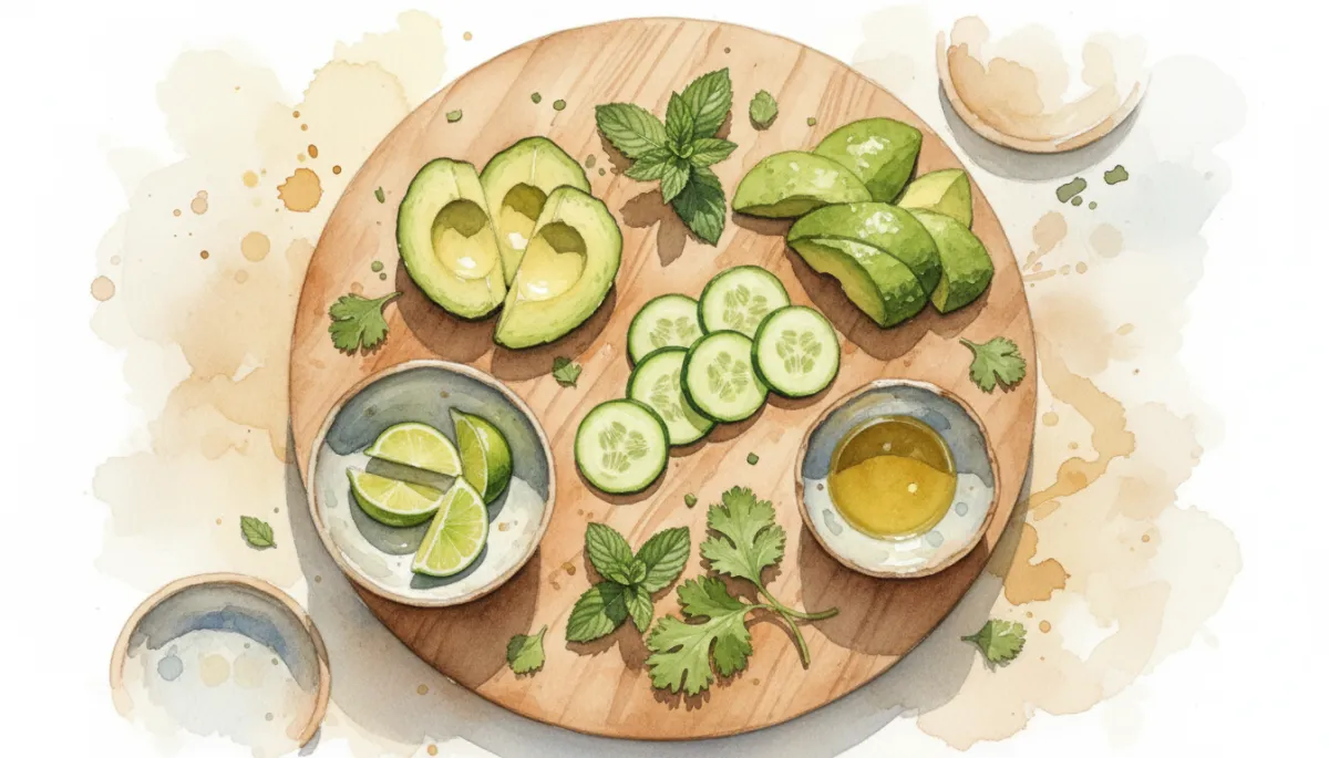 Ingrediënten voor een romige koude avocado-komkommersoep netjes uitgestald
