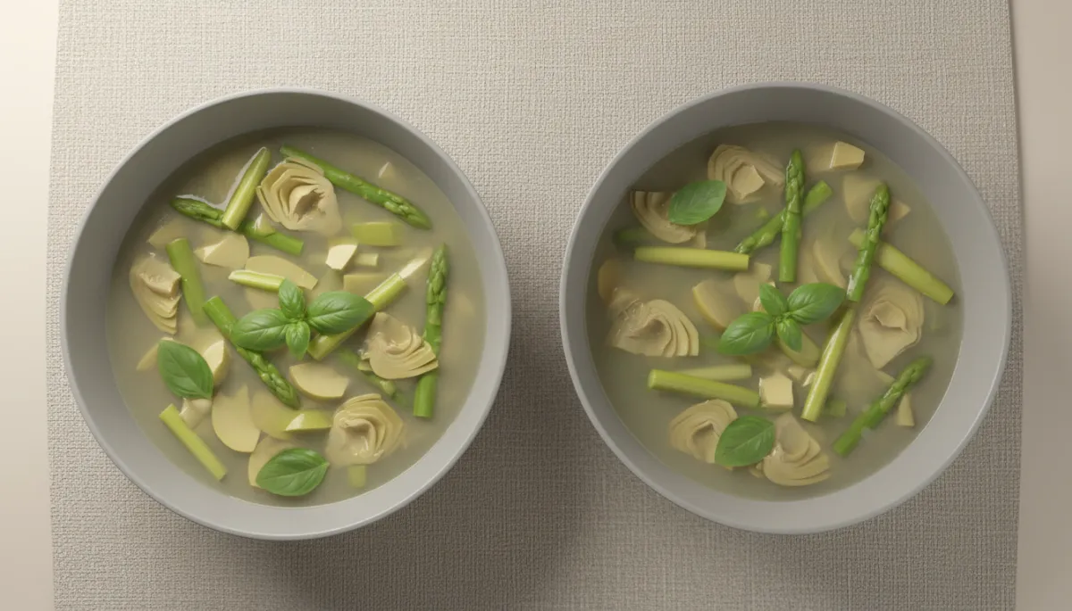 Twee kommen met lichte Italiaanse groentesoep met asperges, artisjok en basilicum op een neutrale tafel Twee kommen met lichte Italiaanse groentesoep met asperges, artisjok en basilicum op een neutrale tafel