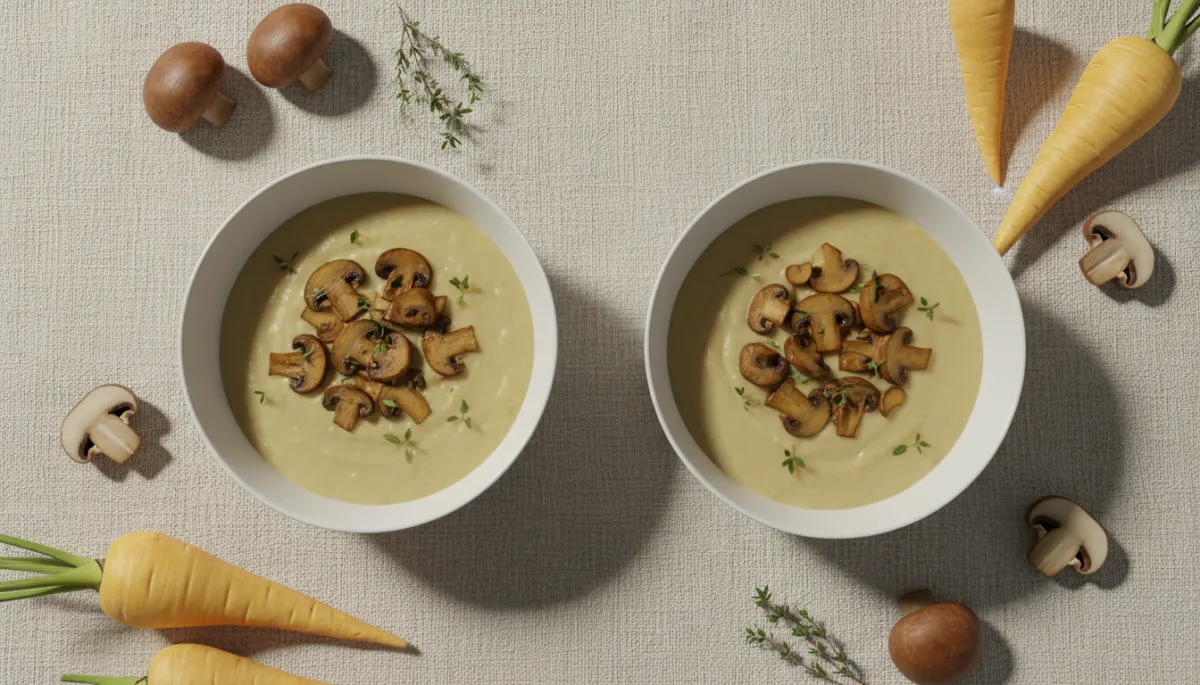 Twee kommen zoete pastinaaksoep met gebakken kastanjechampignons en tijm op een tafel Twee kommen zoete pastinaaksoep met gebakken kastanjechampignons en tijm op een tafel