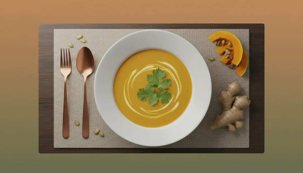 Herfsttafel met kom pompoensoep, koriander en verse gember Herfsttafel met kom pompoensoep, koriander en verse gember