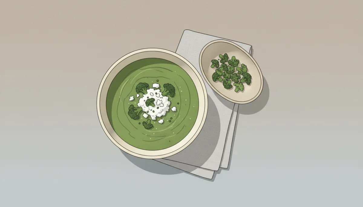 Professioneel opgemaakte kom lichte broccolisoep met cottage cheese en broccoli Professioneel opgemaakte kom lichte broccolisoep met cottage cheese en broccoli