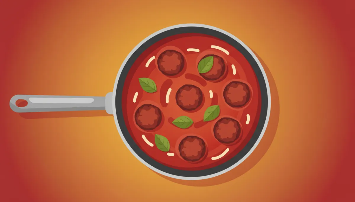 Gehaktballetjes die garen in klassieke tomatensoep met basilicum