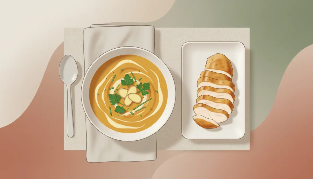 Gedekte tafel met romige pompoensoep, gember en gebakken kipfilet in neutrale tinten