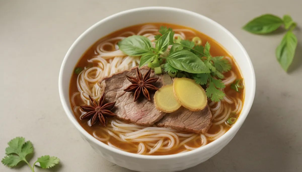 Close-up van aromatische Vietnamese phở met steranijs, gember en verse kruiden Close-up van aromatische Vietnamese phở met steranijs, gember en verse kruiden