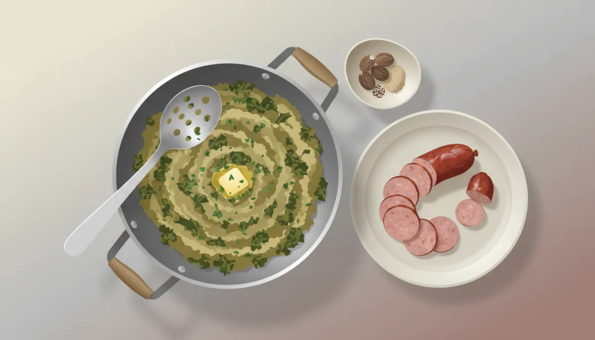 Tafel met pan boerenkoolstamppot, rookworst en nootmuskaat in een neutrale setting Tafel met pan boerenkoolstamppot, rookworst en nootmuskaat in een neutrale setting